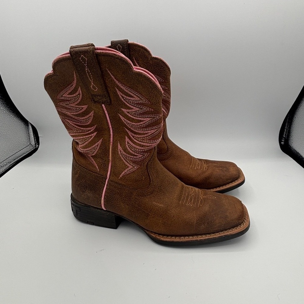 Ariat Western Boots Kids Sz 2 Brown Pink Leather Square Toe Cowgirl